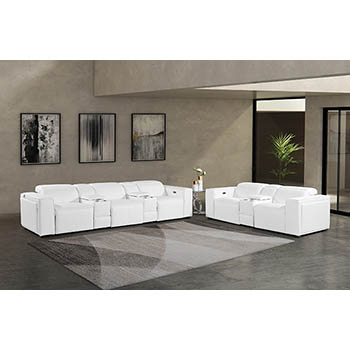 DivanItalia - Global United Furniture 1224, 8-Piece Top Grain Genuine Italian Leather Sofa & Loveseat Set with 5 Power Reclining, Power Headrests and Consoles in White color.