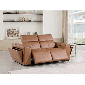DivanItalia - Global United Furniture 1224, Top Grain Genuine Italian Leather 2-Power Reclining Loveseat with Power Headrests in Cognac color.