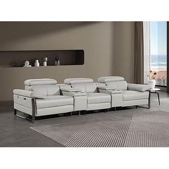 DivanItalia - Global United Furniture 1246, 5-Piece Top Grain Genuine Italian Leather Sofa with Triple Power Reclining, Power Headrests and Consoles in Light Grey color.