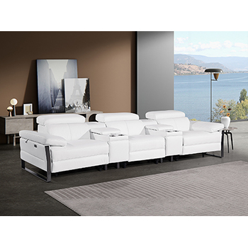 DivanItalia - Global United Furniture 1246, 5-Piece Top Grain Genuine Italian Leather Sofa with Triple Power Reclining, Power Headrests and Consoles in White color.