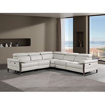 DivanItalia - Global United Furniture 1246, 5-Piece Top Grain Genuine Italian Leather Sectional with 3 Power Reclining, Power Headrests in Light Grey color.