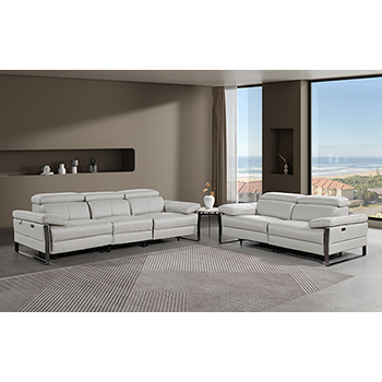 DivanItalia - Global United Furniture 1246, 5-Piece Top Grain Genuine Italian Leather Sofa & Loveseat Set with 4 Power Reclining, Power Headrests in Light Grey color.