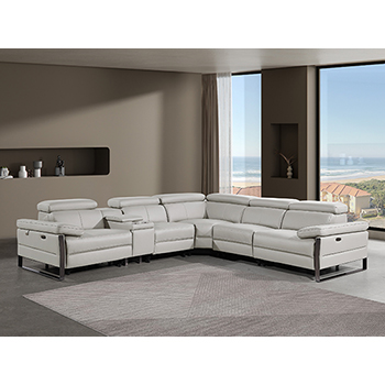DivanItalia - Global United Furniture 1246, 6-Piece Top Grain Genuine Italian Leather Sectional with 3 Power Reclining, Power Headrests and Console in Light Grey color.