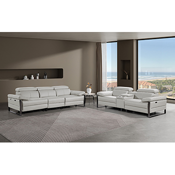 DivanItalia - Global United Furniture 1246, 6-Piece Top Grain Genuine Italian Leather Sofa & Loveseat Set with 5 Power Reclining, Power Headrests and Console in Light Grey color.