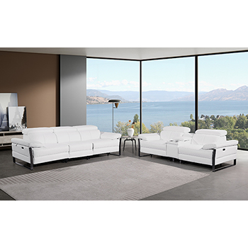 DivanItalia - Global United Furniture 1246, 6-Piece Top Grain Genuine Italian Leather Sofa & Loveseat Set with 5 Power Reclining, Power Headrests and Console in White color.