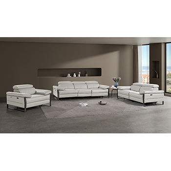 DivanItalia - Global United Furniture 1246, 6-Piece Top Grain Genuine Italian Leather Sofa, Loveseat & Chair Set with 5 Power Reclining, Power Headrests in Light Grey color.