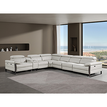 DivanItalia - Global United Furniture 1246, 7-Piece Top Grain Genuine Italian Leather Sectional with 4 Power Reclining, Power Headrests and Console in Light Grey color.