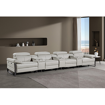 DivanItalia - Global United Furniture 1246, 7-Piece Top Grain Genuine Italian Leather Sofa with 4 Power Reclining and Power Headrests in Light Grey color.