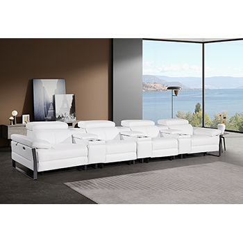 DivanItalia - Global United Furniture 1246, 7-Piece Top Grain Genuine Italian Leather Sofa with 4 Power Reclining and Power Headrests in White color.