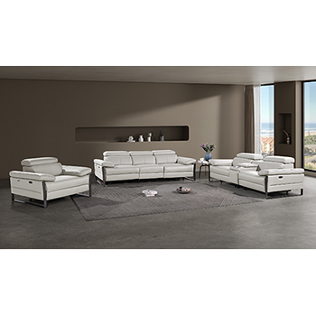 DivanItalia - Global United Furniture 1246, 7-Piece Top Grain Genuine Italian Leather Sofa, Loveseat & Chair Set with 5 Power Reclining, Power Headrests and Console in Light Grey color.