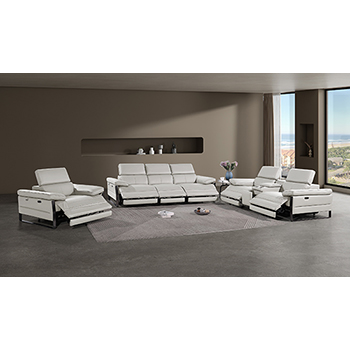DivanItalia - Global United Furniture 1246, 7-Piece Top Grain Genuine Italian Leather Sofa, Loveseat & Chair Set with 6 Power Reclining, Power Headrests and Console in Light Grey color.