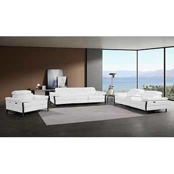 DivanItalia - Global United Furniture 1246, 7-Piece Top Grain Genuine Italian Leather Sofa, Loveseat & Chair Set with 6 Power Reclining, Power Headrests and Console in White color.