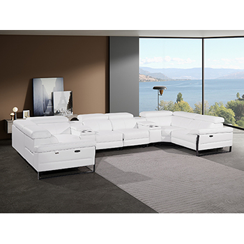 DivanItalia - Global United Furniture 1246, 8-Piece Top Grain Genuine Italian Leather Sectional with 2 Power Reclining, Power Headrests and 2 Consoles in White color.