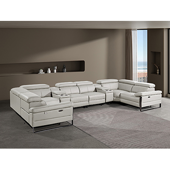 DivanItalia - Global United Furniture 1246, 8-Piece Top Grain Genuine Italian Leather Sectional with 4 Power Reclining, Power Headrests and 2 Consoles in Light Grey color.