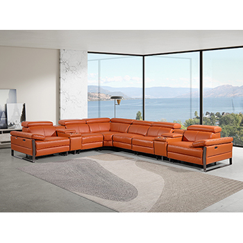 DivanItalia - Global United Furniture 1246, 8-Piece Top Grain Genuine Italian Leather Sectional with 4 Power Reclining, Power Headrests and 2 Consoles in Camel color.