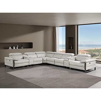 DivanItalia - Global United Furniture 1246, 8-Piece Top Grain Genuine Italian Leather Sectional with 4 Power Reclining, Power Headrests and 2 Consoles in Light Grey color.