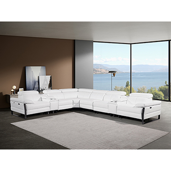 DivanItalia - Global United Furniture 1246, 8-Piece Top Grain Genuine Italian Leather Sectional with 4 Power Reclining, Power Headrests and 2 Consoles in White color.
