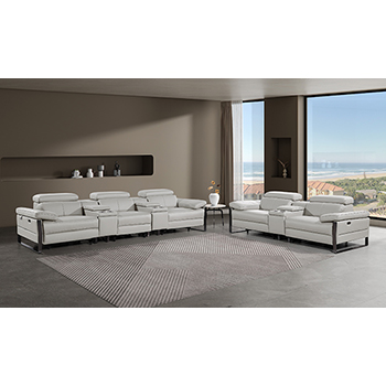 DivanItalia - Global United Furniture 1246, 8-Piece Top Grain Genuine Italian Leather Sofa & Loveseat Set with 5 Power Reclining, Power Headrests and Consoles in Light Grey color.