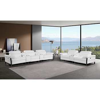DivanItalia - Global United Furniture 1246, 8-Piece Top Grain Genuine Italian Leather Sofa & Loveseat Set with 5 Power Reclining, Power Headrests and Consoles in White color.