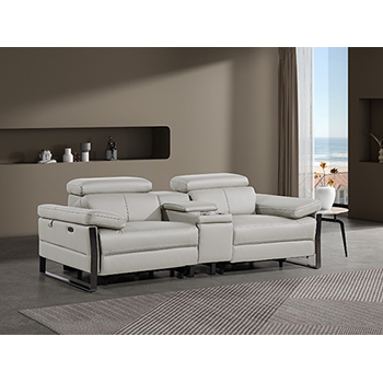 DivanItalia - Global United Furniture 1246, 3 piece Power Reclining Top Grain Genuine Italian Leather Loveseat with Console and Power Headrests in Light Grey color.