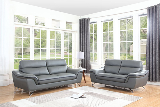 Global United Furniture 168 Leather Match 2PC Sofa Set in Gray color.