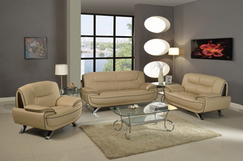 Global United Furniture 405 Leather Match 3PC Sofa Set in Beige color.
