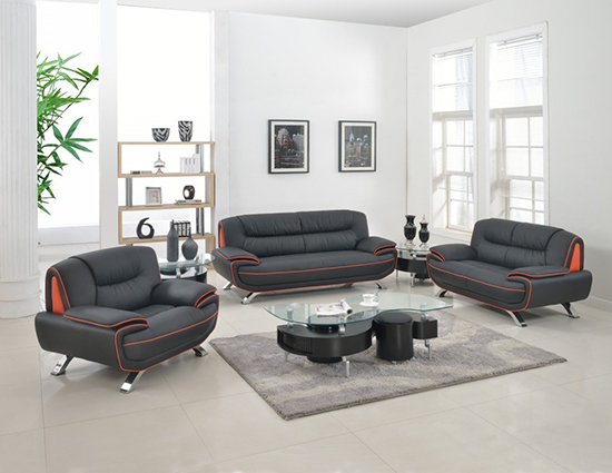 Global United Furniture 405 Leather Match 3PC Sofa Set in Black color.