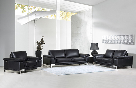 Global United Furniture 411 Genuine, Black Modern Italian Leather Sofa Set