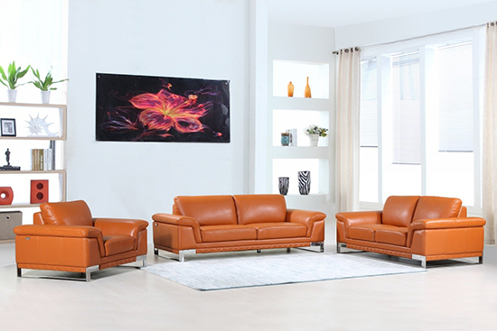 Global United Furniture 411 Genuine Italian Leather 3PC Sofa Set in Camel color.