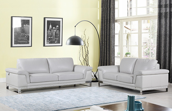 Global United Furniture 411 Genuine Italian Leather 2PC Sofa Set in Light Gray color.