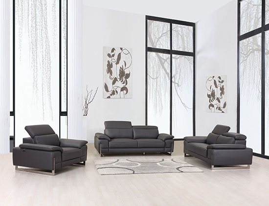 Global United Furniture 636 Genuine Italian Leather 3 Piece Sofa Set in Dark Gray color. 636-3pcs-dark-gray