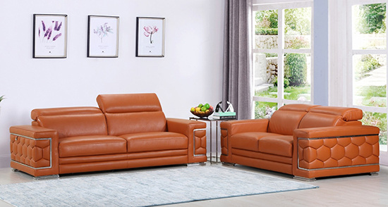 Global United Furniture 692 Genuine, Camel Colored Leather Sofa Set
