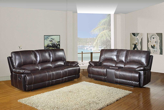 Global United 9345 - Leather Air 2PC Sofa Set with Console Loveseat in Brown color.