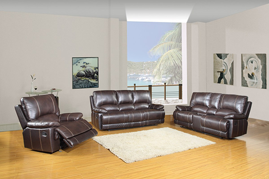 Global United 9345 - Leather Air 3PC Sofa Set with Console Loveseat in Brown color.