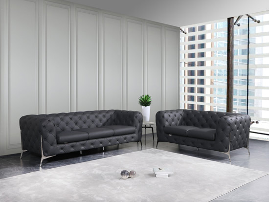 Global United 970 Genuine Italian Leather 2PC Sofa Set in Dark Gray color.