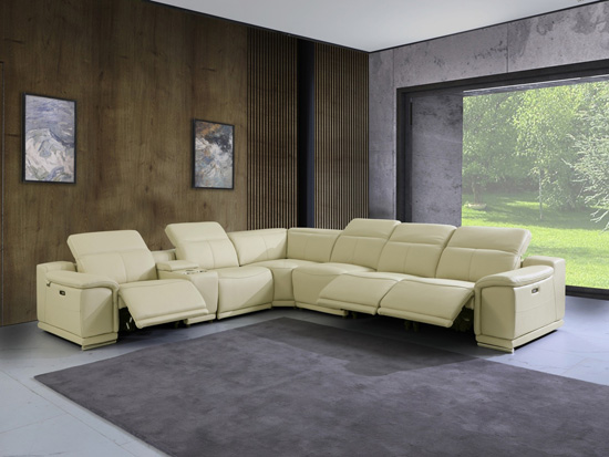 Global United 9762 Genuine Italian Leather 3-Power Reclining 7PC Sectional with 1-Console in Beige color.