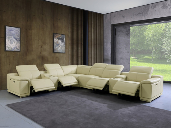 Global United 9762 Genuine Italian Leather 4-Power Reclining 8PC Sectional with 2-Consoles in Beige color.