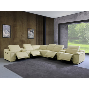 Global United 9762 Genuine Italian Leather 4-Power Reclining 8PC Sectional with 2-Consoles in Beige color.