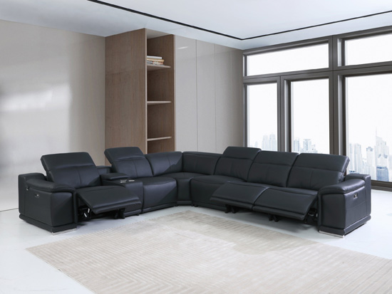 Global United 9762 Genuine Italian Leather 3-Power Reclining 7PC Sectional with 1-Console in Black color.