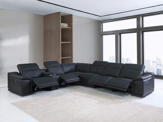 Global United 9762 Genuine Italian Leather 4-Power Reclining 7PC Sectional with 1-Console in Black color.