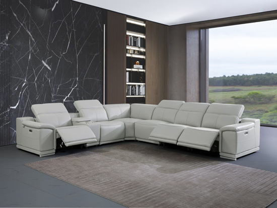 Global United 9762 Genuine Italian Leather 3-Power Reclining 7PC Sectional with 1-Console in Light Gray color.