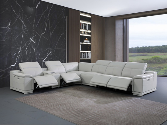 Global United 9762 Genuine Italian Leather 4-Power Reclining 7PC Sectional with 1-Console in Light Gray color.