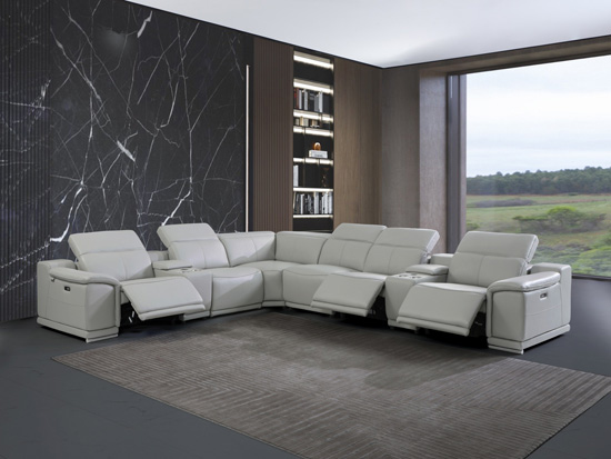 Global United 9762 Italian Leather 3-Power Reclining 8PC Sectional with 2-Consoles in Light Gray color.