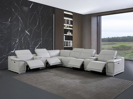 Global United 9762 Genuine Italian Leather 4-Power Reclining 8PC Sectional with 2-Consoles in Light Gray color.