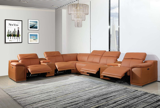 Global United 9762 Camel Genuine Italian Leather 3-Power Reclining 8PC Sectional with 2-Consoles. 9762-CAMEL-3PWR-8PC