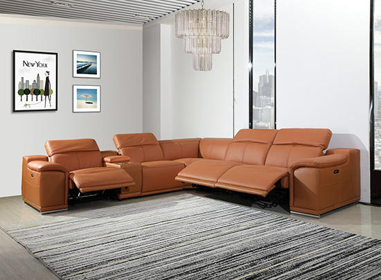 Global United 9762 Camel Genuine Italian Leather 3-Power Reclining 6PC Sectional with 1-Console. 9762-CAMEL-3PWR-6PC