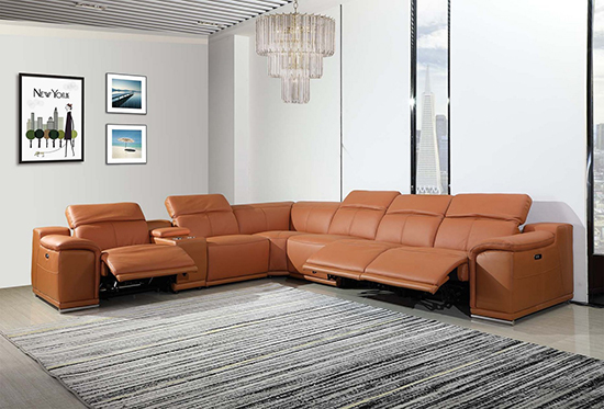 Global United 9762 Camel Genuine Italian Leather 3-Power Reclining 7PC Sectional with 1-Console. 9762-CAMEL-3PWR-7PC