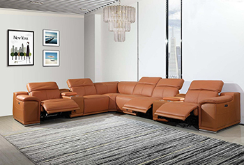 Global United 9762 Camel Genuine Italian Leather 3-Power Reclining 8PC Sectional with 2-Consoles. 9762-CAMEL-3PWR-8PC