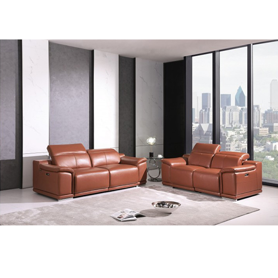 Global United 9762- Genuine Italian Leather 2PC Power Recycling Sofa Set in Camel color.