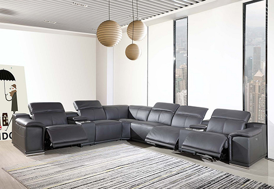 Global United 9762 Dark Grey Genuine Italian Leather 3-Power Reclining 8PC Sectional with 2-Consoles. 9762-GRAY-3PWR-8PC